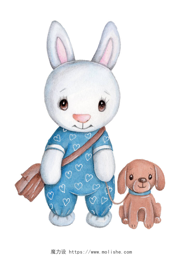 白色背景前的兔子和小狗玩偶可爱的卡通小兔子宝宝,小兔子,兔子,水彩画给孩子们.与白种人隔离.